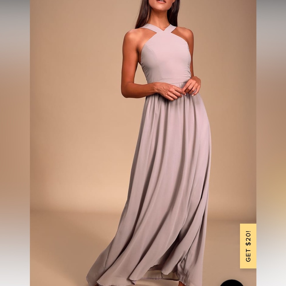 Lulus Air of Romance Mauve Taupe Maxi Bridesmaid Dress, size L